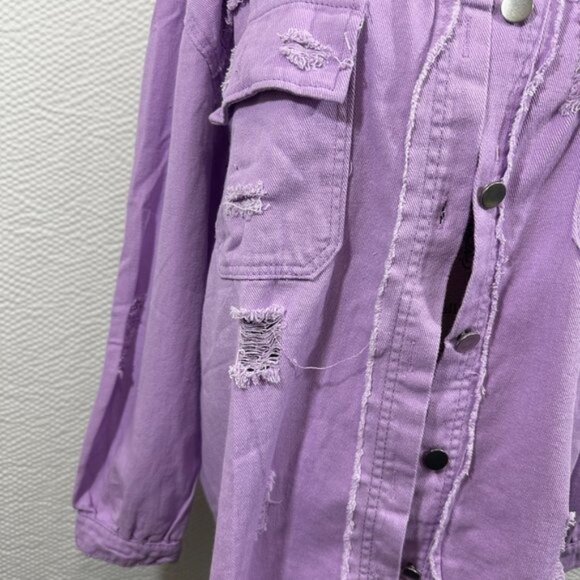 Jeans Ripped Raw Edge Oversized Denim Jacket, Distressed Collar Long Sleeves Y2K - Picture 6 of 10